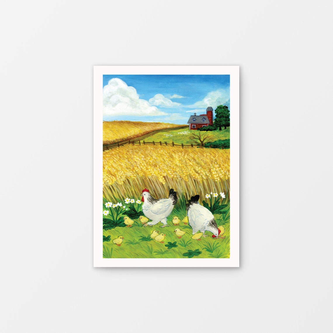 Chickens And Wheat Gouache Art Print