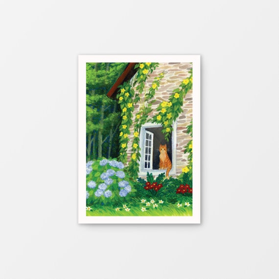 Cat In The Window Gouache Art Print