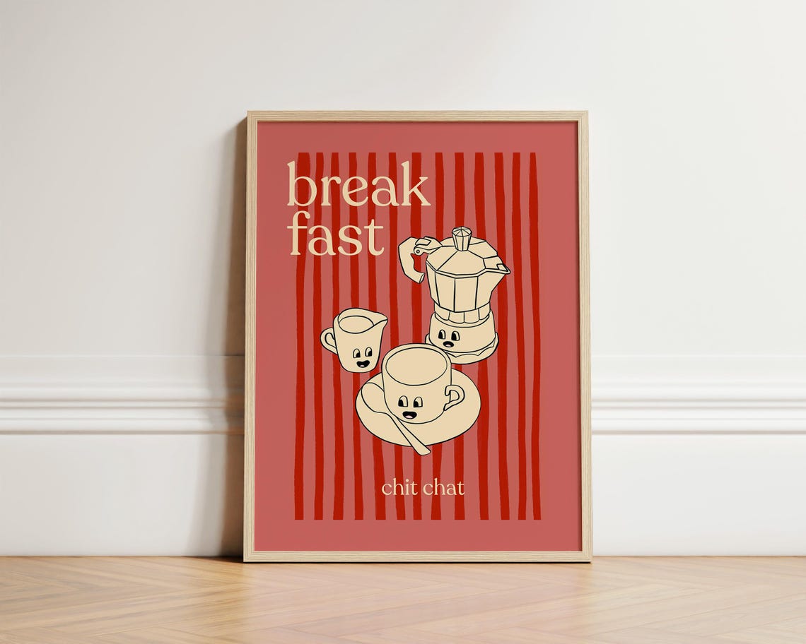 Breakfast Chit Chat Cartoon Coffee Retro Striped Kitchen Fun Poster