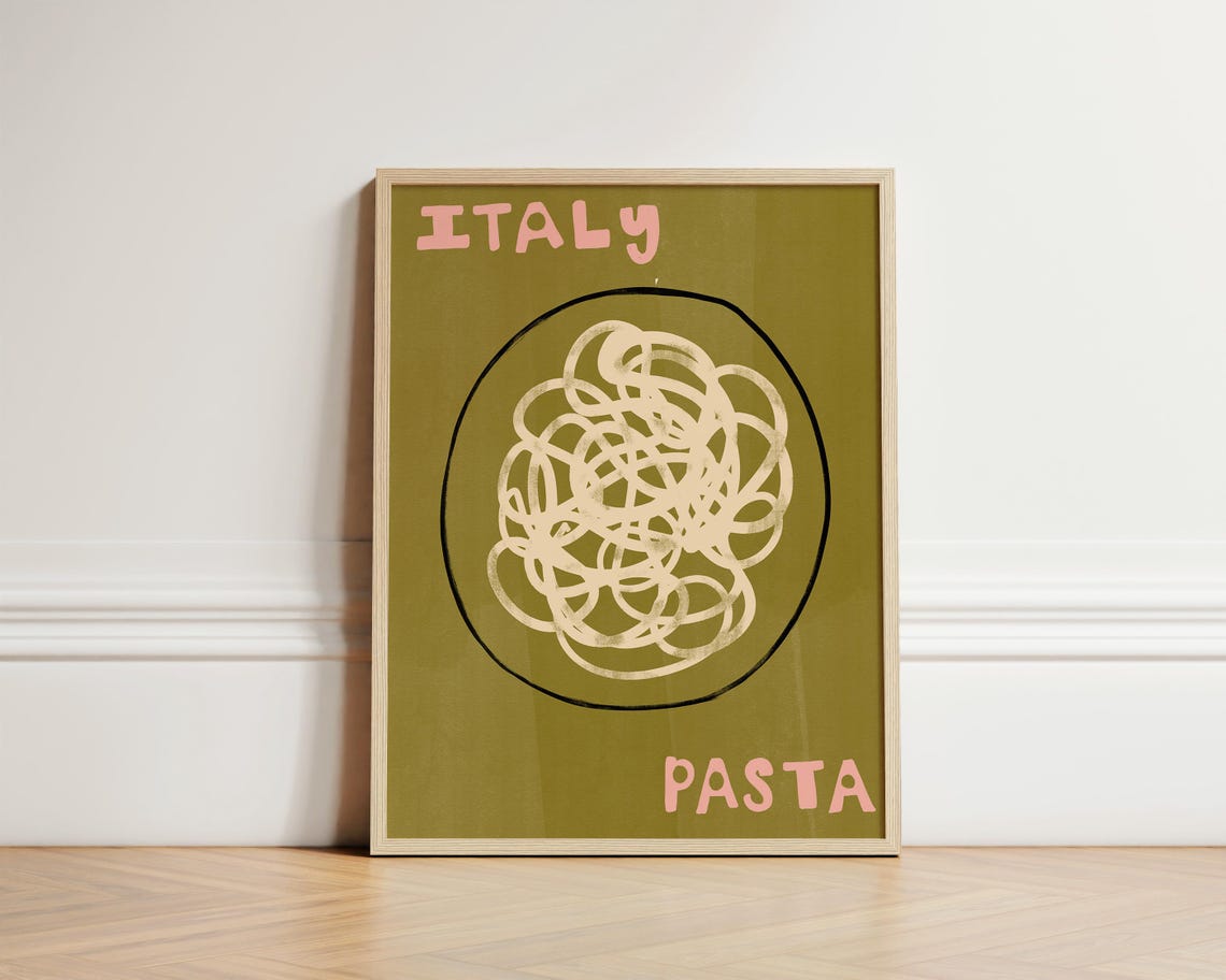 Italy Pasta Minimalist Spaghetti Olive Green Kitchen Wall Art