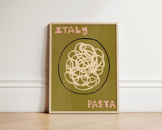 Italy Pasta Minimalist Spaghetti Olive Green Kitchen Wall Art