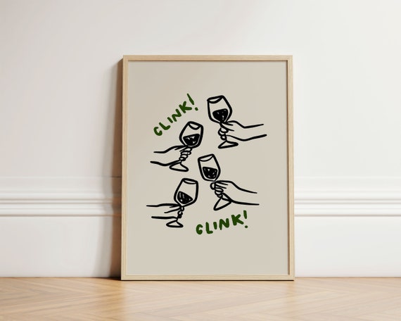 Cheers Print Ink Bleed Style Clink Trendy Wine Glasses Vintage Poster Illustration Retro Green Wall Unframed