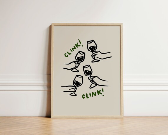 Cheers Wine Glasses Clink Hand Drawn Toasting Bar Kitchen Art Poster