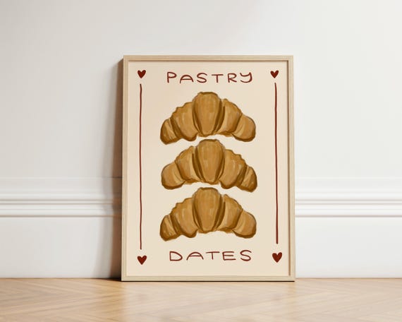 Pastry Date Print Croissants Kitchen Art Illustration Wall Boho Hand Drawn Poster Unframed