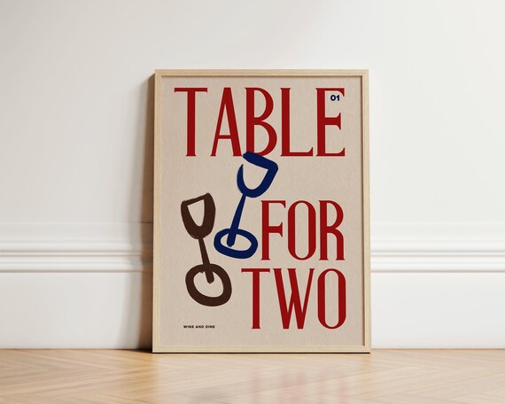 Table For Two 01 Retro Dining Room Wine Glasses Typography Poster