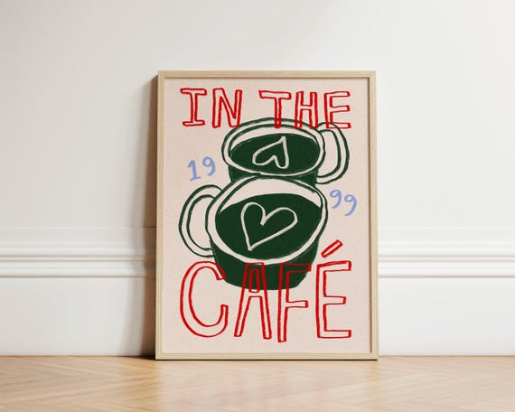 In The Cafe Print Coffee Retro Kitchen Poster Trendy Green Wall Art Unframed