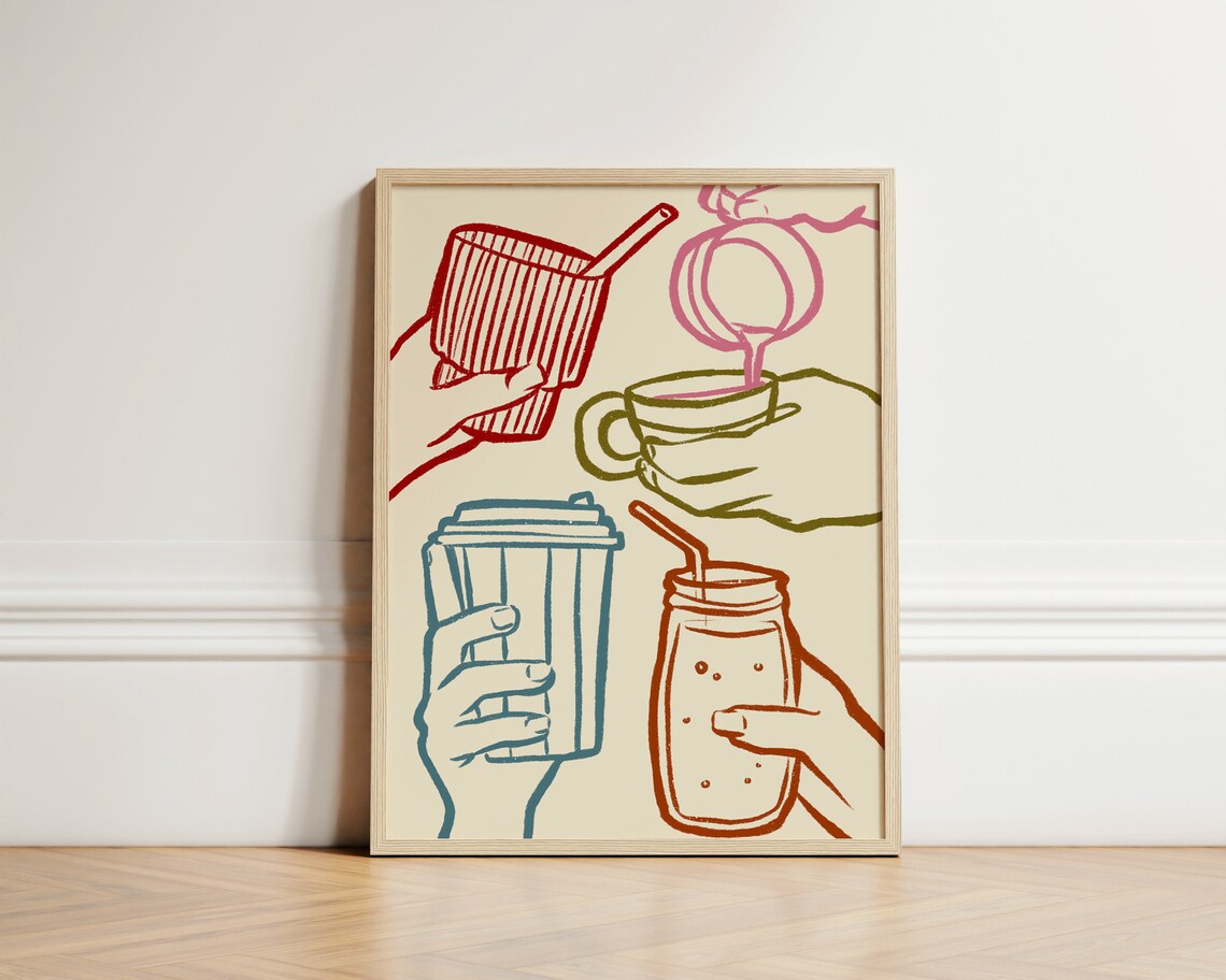 Coffee Cups Art Print, Kitchen Wall Decor