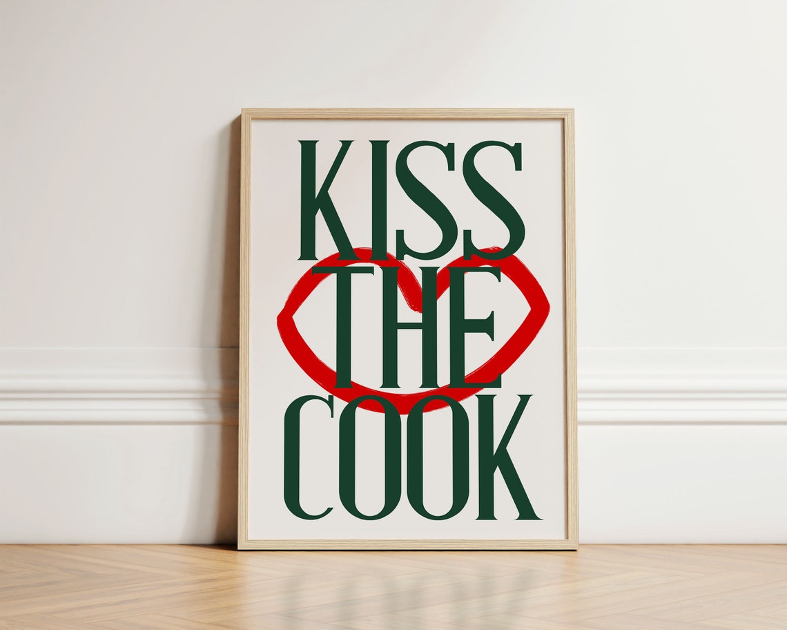 Kiss The Cook Bold Red Heart Modern Kitchen Typography Wall Art