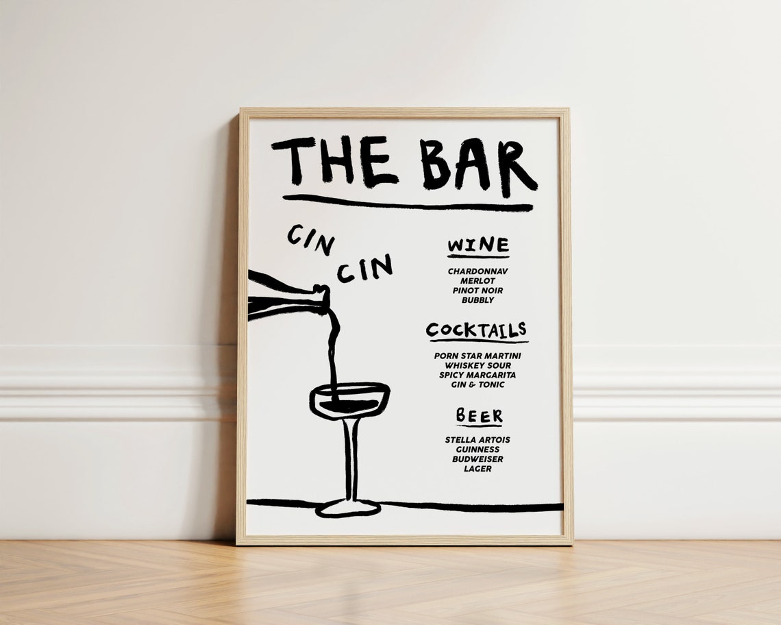 The Bar Menu Hand Drawn Wine Cocktail And Beer List Kitchen Poster