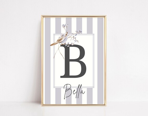 Personalized Gray Striped Initial B Bella Bird Nursery Name Print
