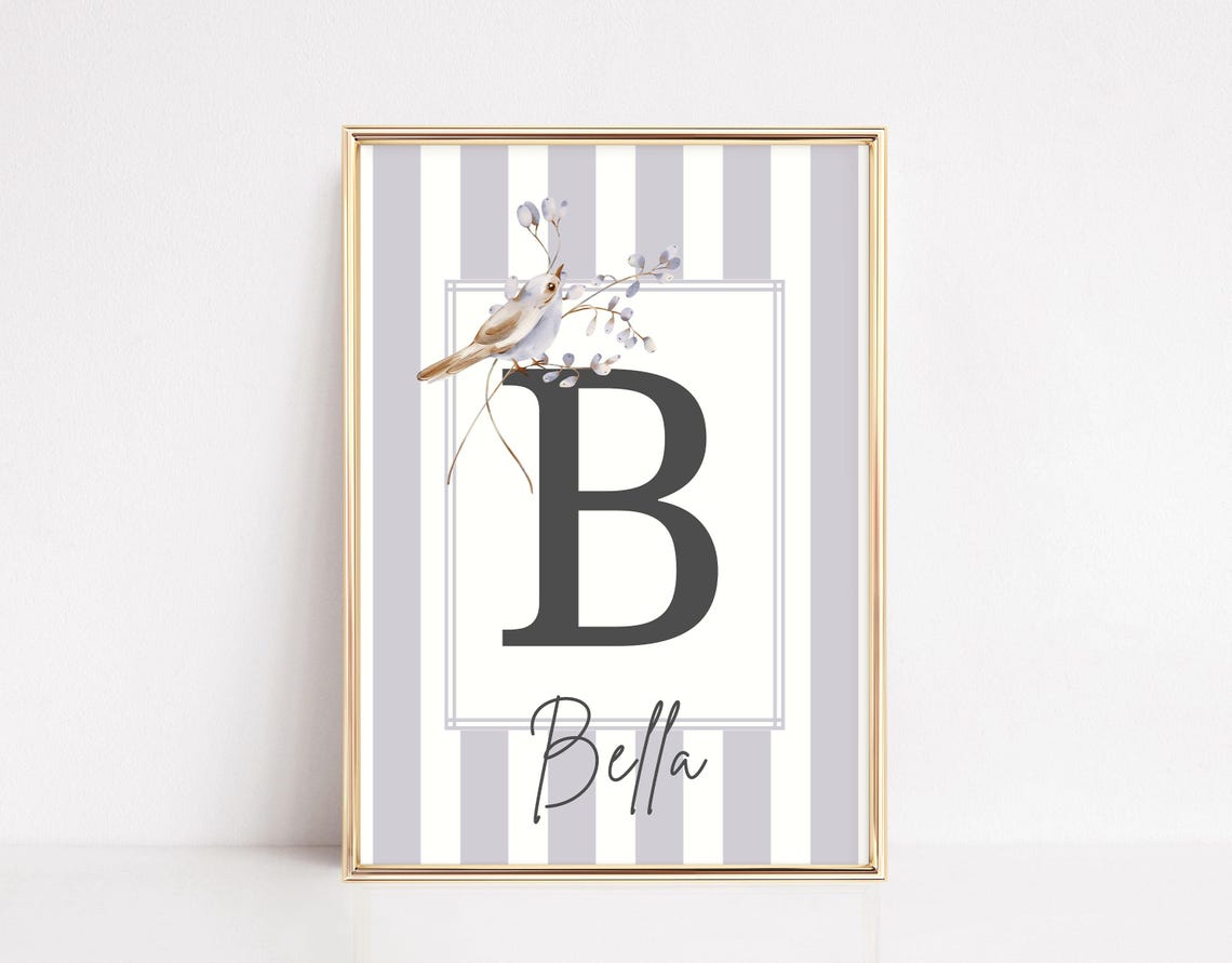 Personalized Gray Striped Initial B Bella Bird Nursery Name Print