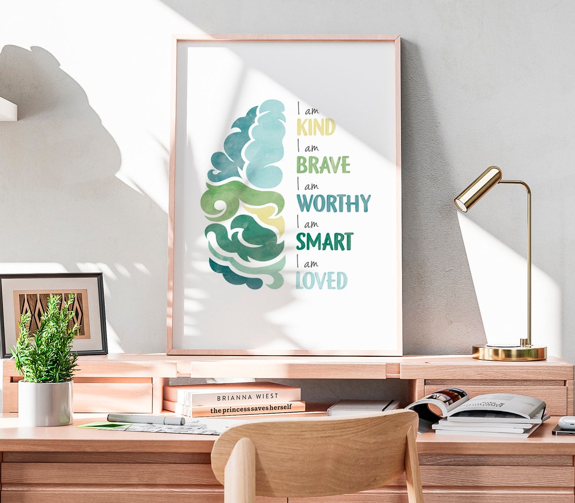 Kids Brain Affirmations Poster I Am Kind Brave Worthy Smart Loved Art - Image 2