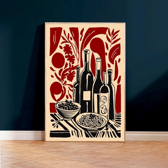 Red Wine Wall Art Print Modern Kitchen Decor Mediterranean Still Life Poster Dining Room Bar Gift For Lovers