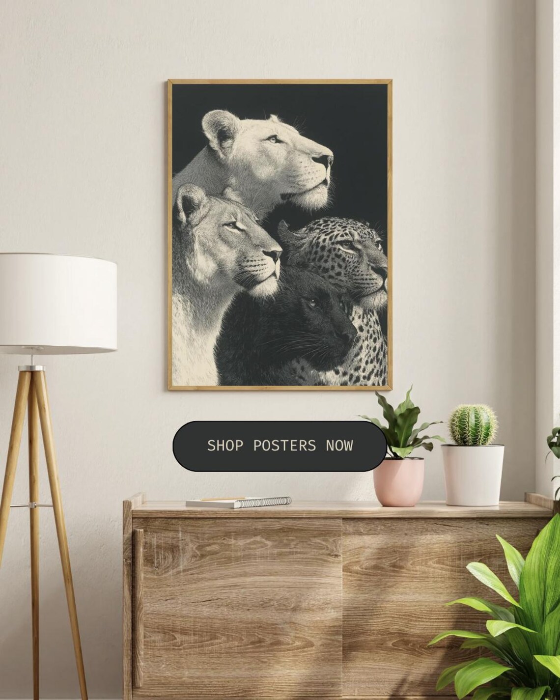 Big Cats Lion Leopard and Panther Black and White Wildlife Poster