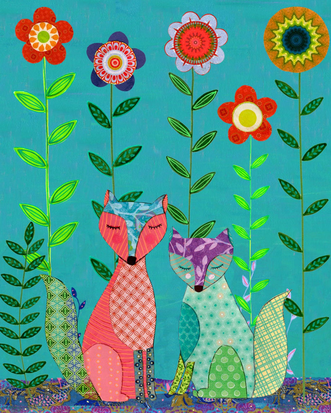 Two Patchwork Foxes Among Tall Flowers Teal Background Folk Art Poster