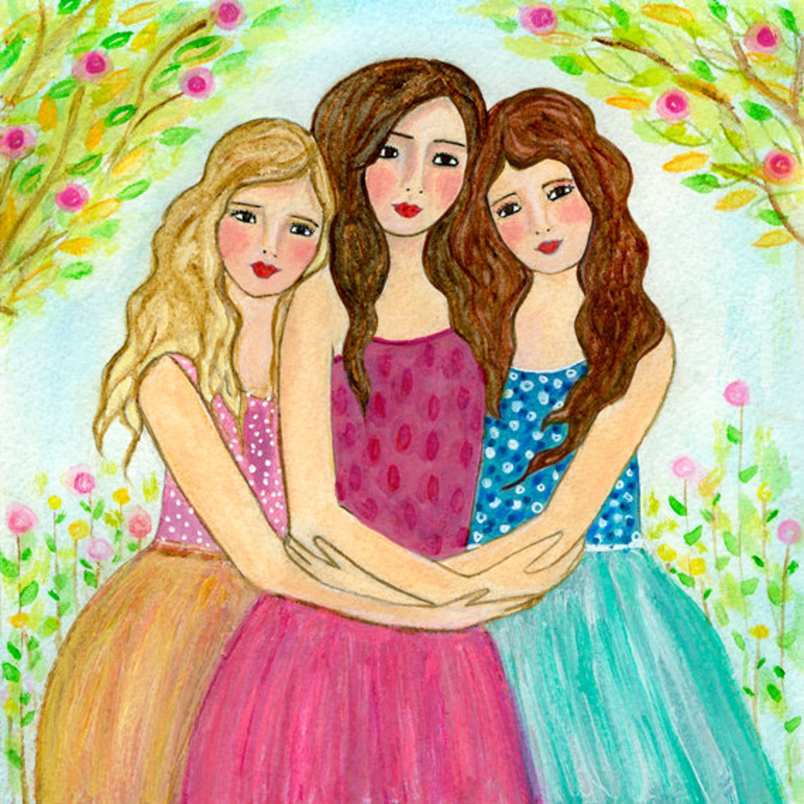 Three Sisters Embracing Among Blossoms Folk Style Nursery Art Poster
