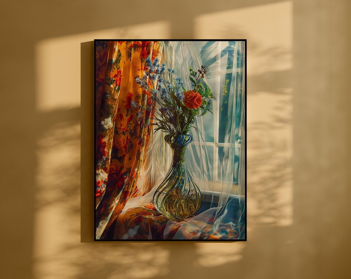 Wildflower Vase by a Sunlit Window Nostalgic Floral Art Poster