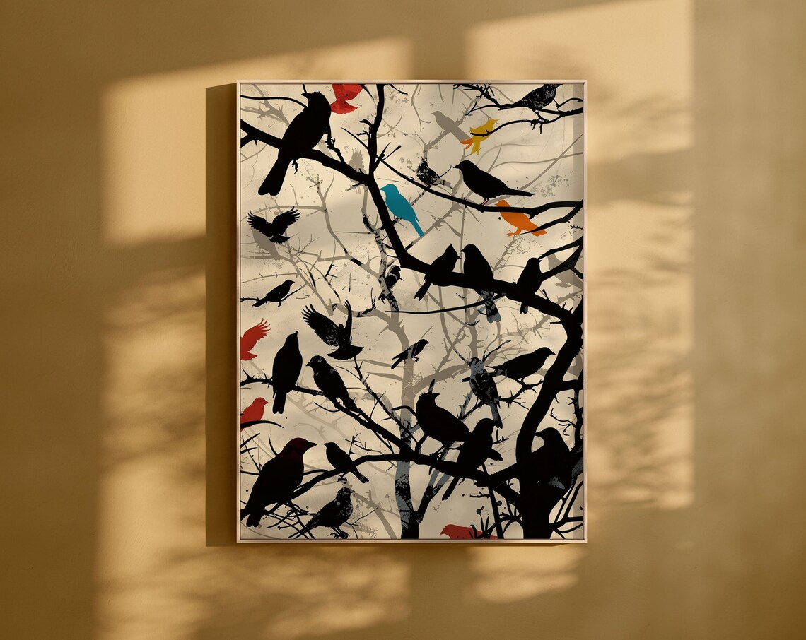 Flock of Black Birds on Bare Branches Silhouette Artwork Poster
