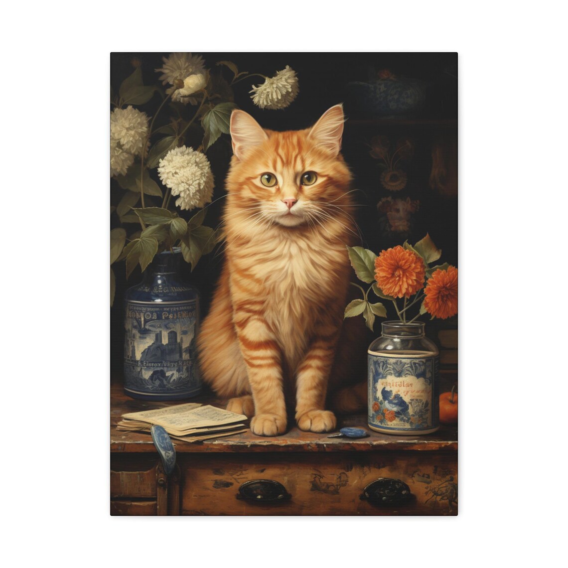 Fluffy Orange Cat Sitting Among Flowers In Classic Oil Painting Wall Art