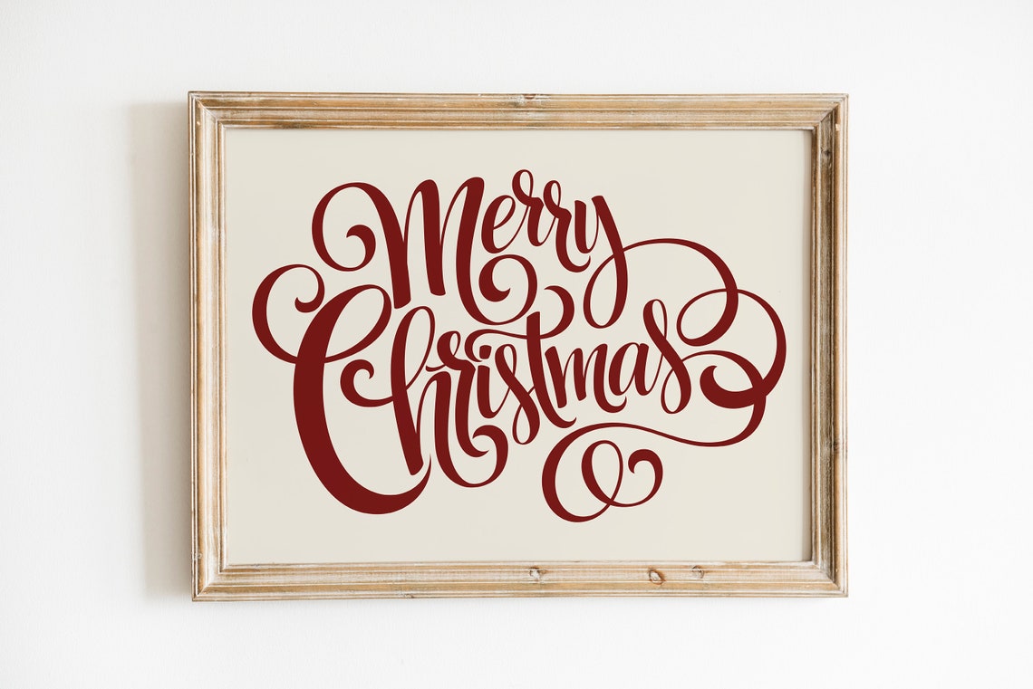 Merry Christmas Script Typography Holiday Sign Burgundy Cream Wall Art - Image 3