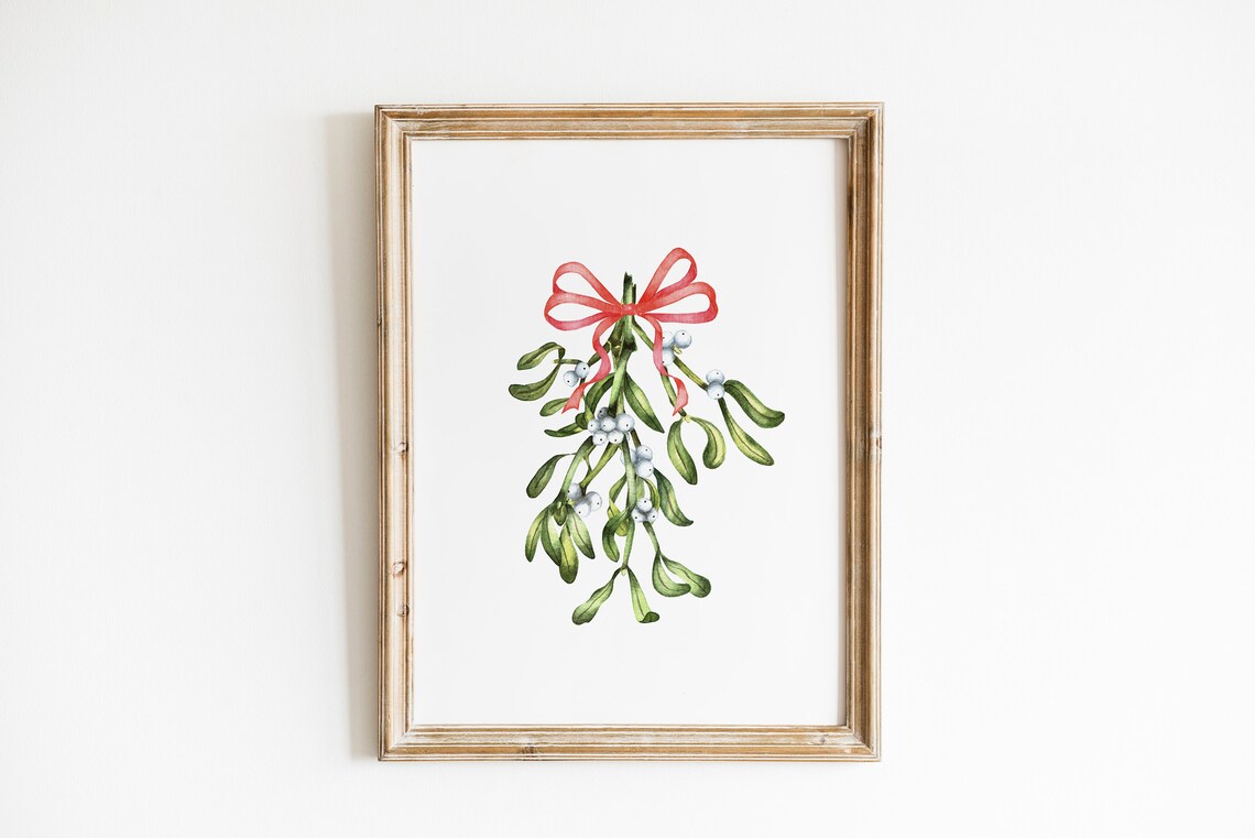 Mistletoe Sprig Red Bow Watercolor Botanical Christmas Holiday Print - Image 3