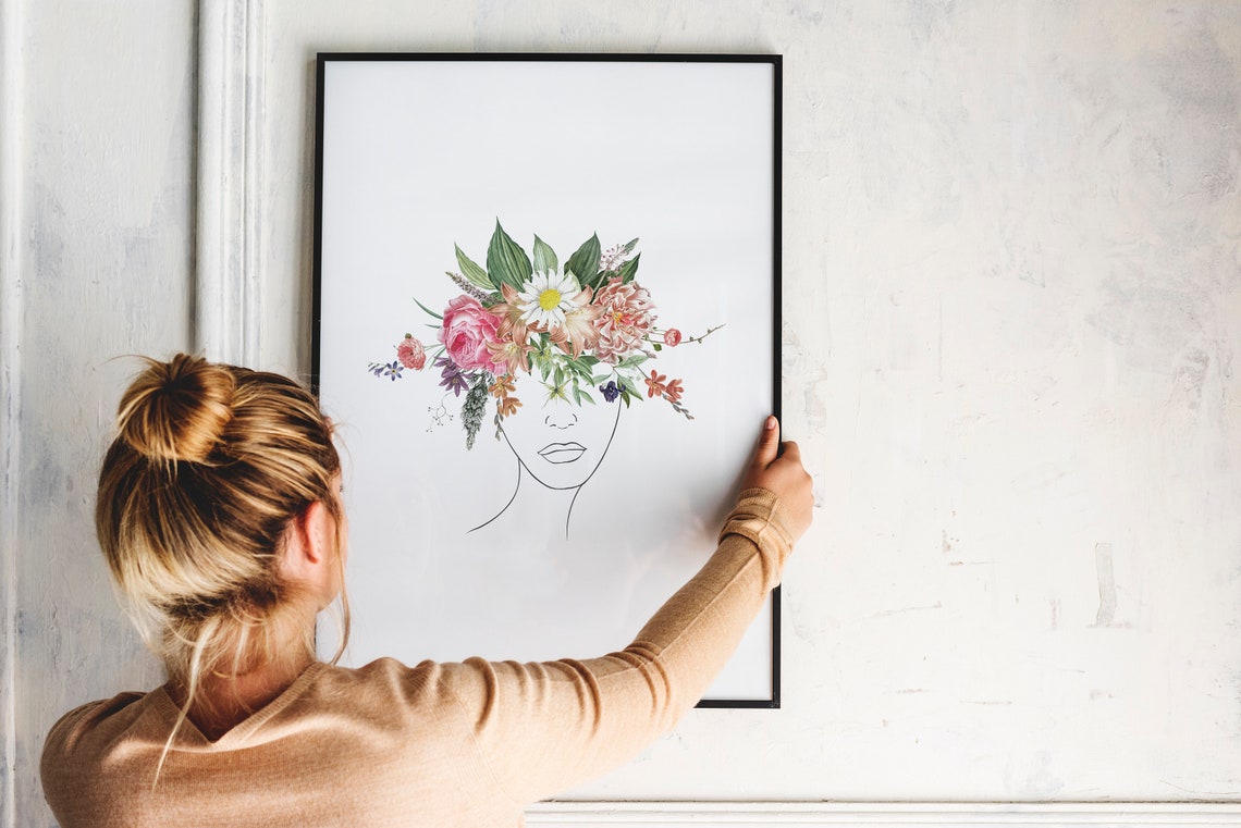 Flower Girl Floral Crown Woman Portrait Botanical Line Art Poster - Image 2