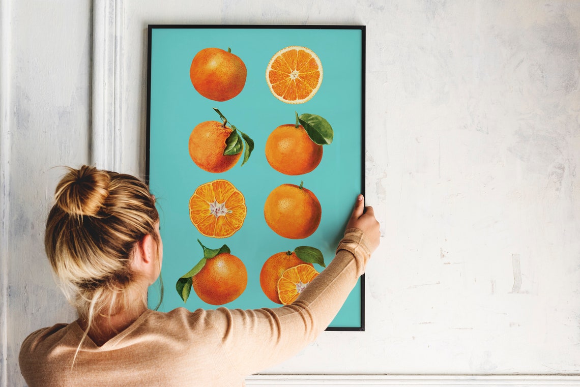 Realistic Oranges Fruit Citrus Slices Turquoise Bold Kitchen Poster
