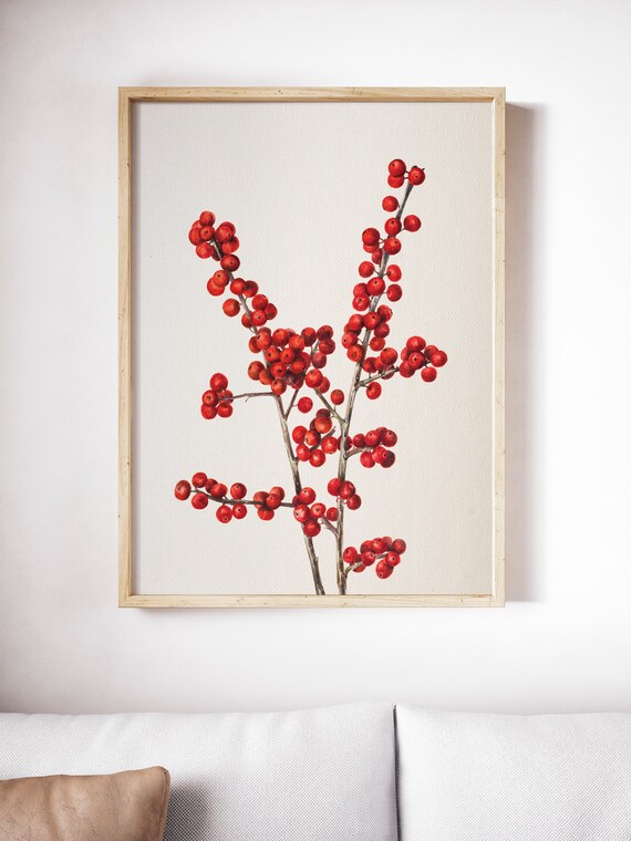 Red Winter Berry Branch Botanical Watercolor Christmas Print