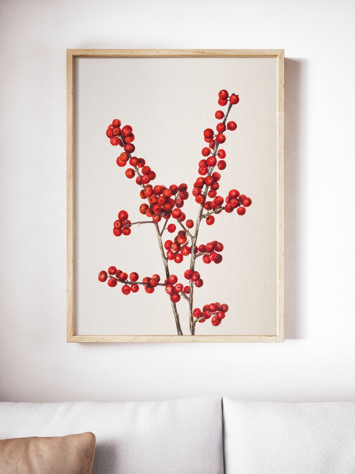 Red Winter Berry Branch Botanical Watercolor Christmas Print
