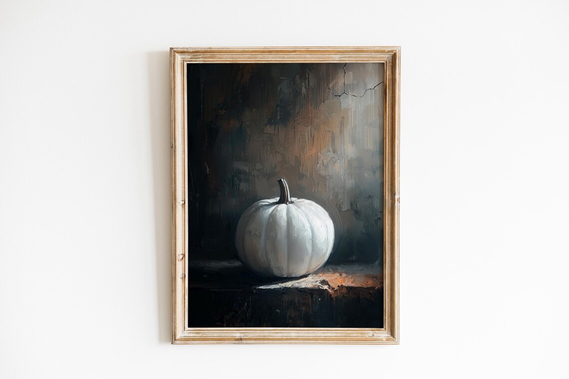 White Pumpkin Still Life Moody Dark Autumn Oil Painting Wall Art - Image 3