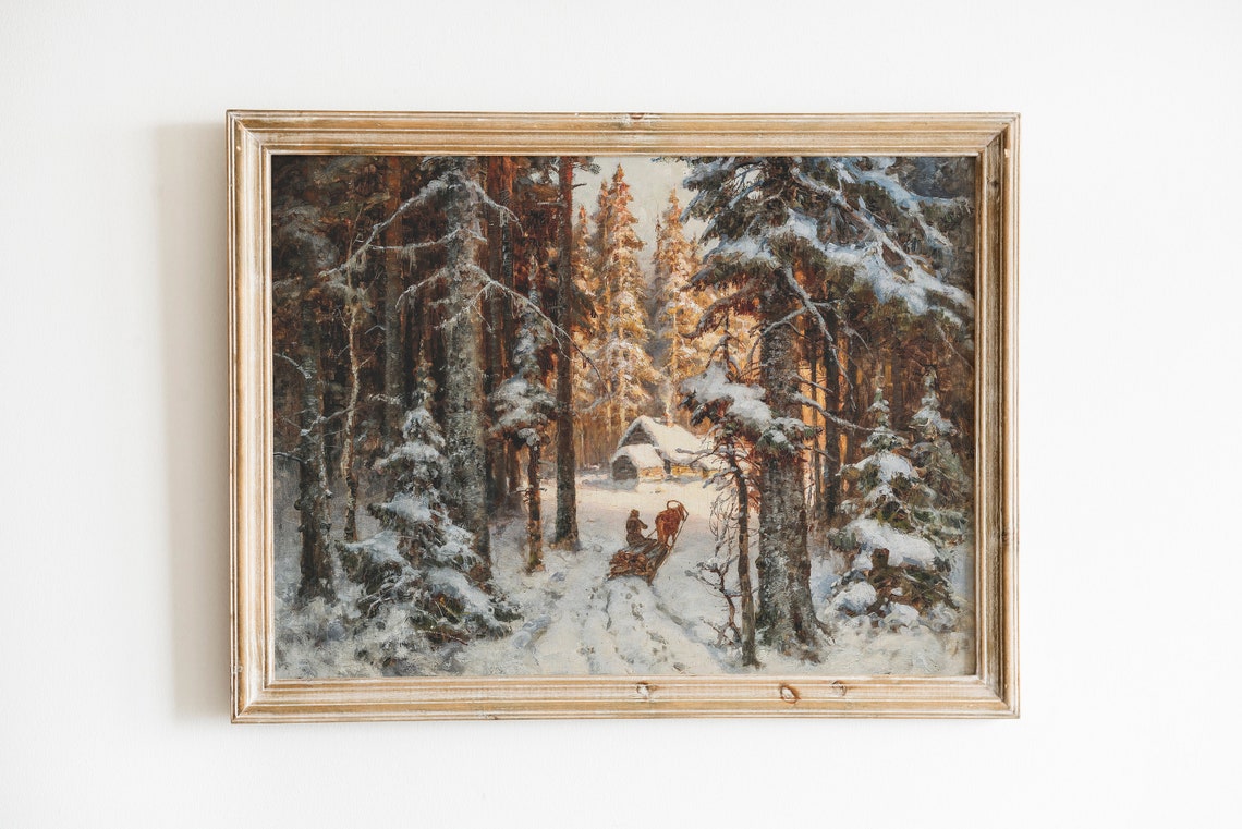 Snowy Pine Forest Sunset Horse Sled Golden Winter Woods Oil Print - Image 4