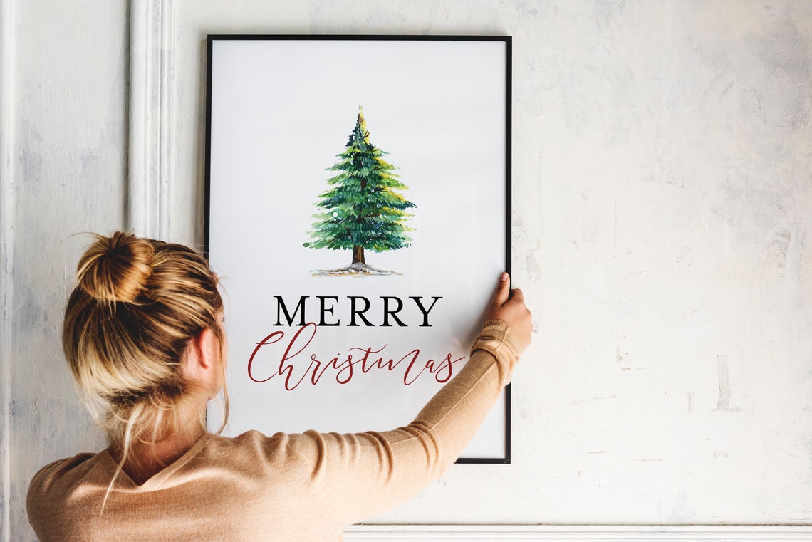 Merry Christmas Watercolor Pine Tree Elegant Holiday Art Poster - Image 2