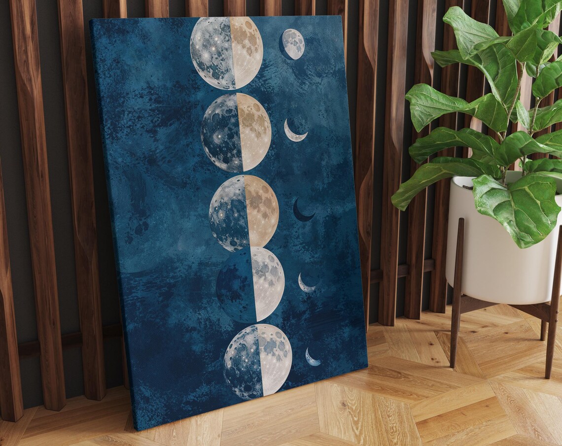 Moon Phases in Blue and Gold on a Deep Navy Night Sky Poster - Image 2