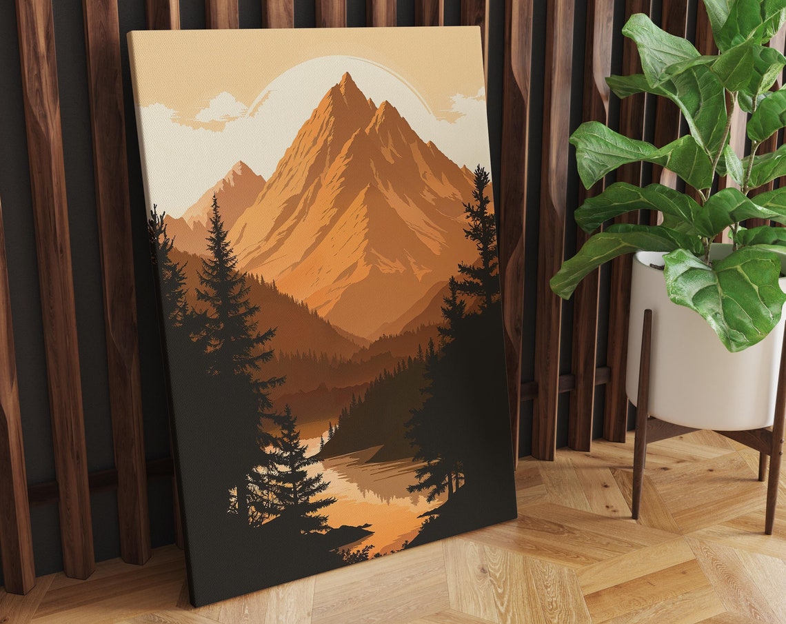 Golden Mountain Peak Lake Reflection Poster Rustic Wilderness Art - Image 2