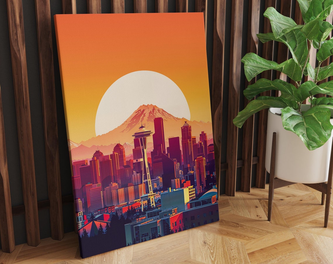 Seattle Skyline at Sunset With Space Needle and Mount Rainier Poster - Image 2