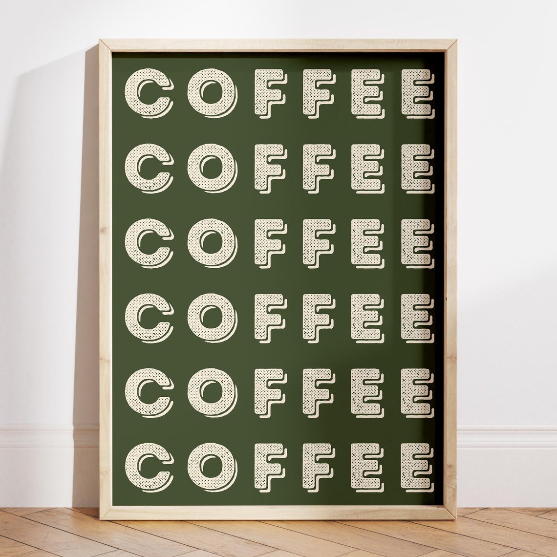 Coffee Typography Repeating Pattern Dark Green Retro Kitchen Poster