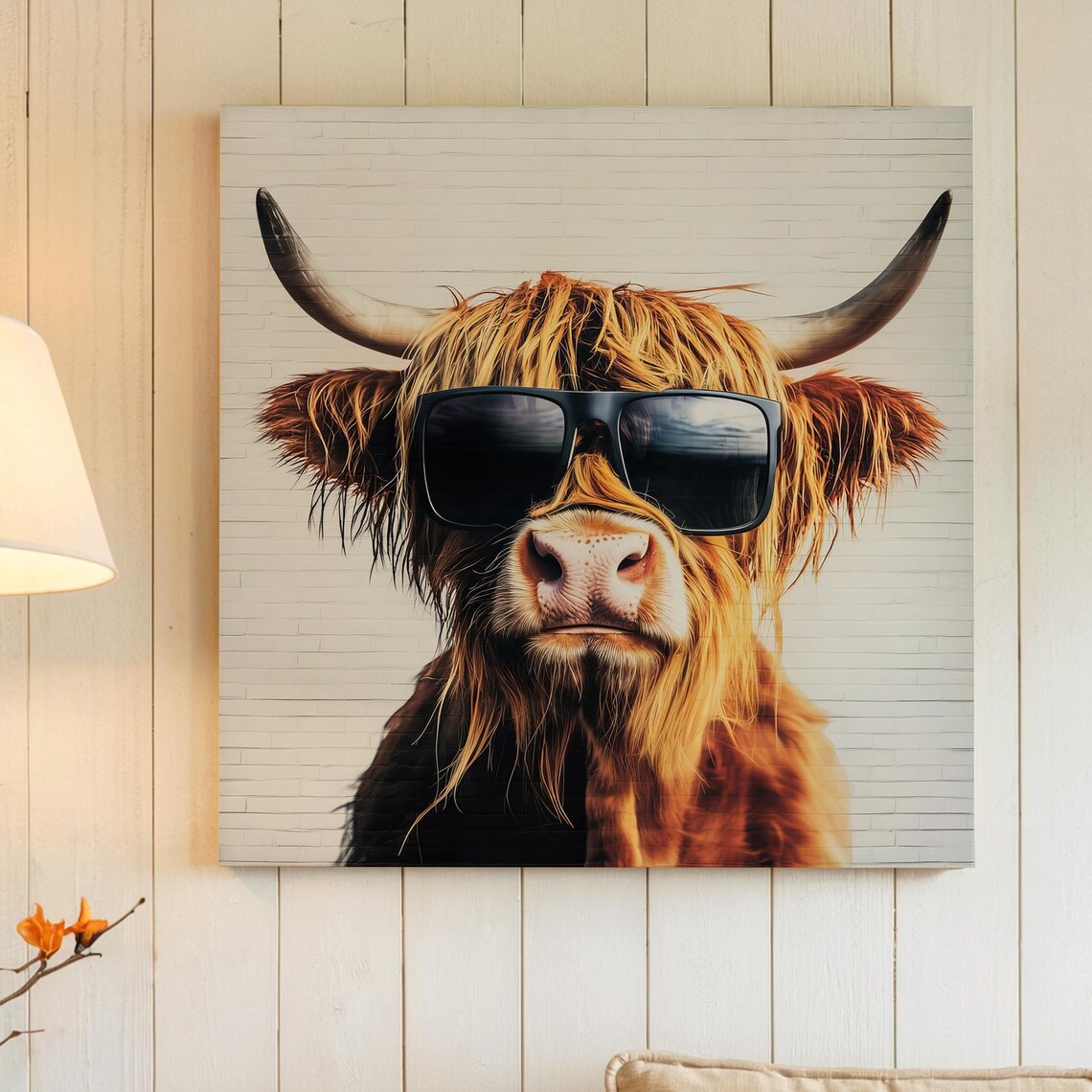 Highland Cow With Sunglasses, Funny Abstract Farm Art