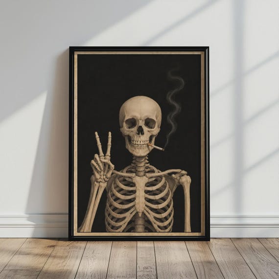 Vintage Wall Art Spooky Smoking Skeleton Print Minimalist Quirky Funny Retro Gothic Poster For Kitchen Bar Cart Decor