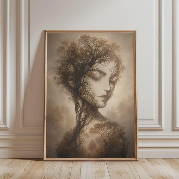 Mystical Wall Art Surreal Tree Woman Print Dark Boho Beautiful Forest Face Mystic Nature Poster For Spiritual Home Decor