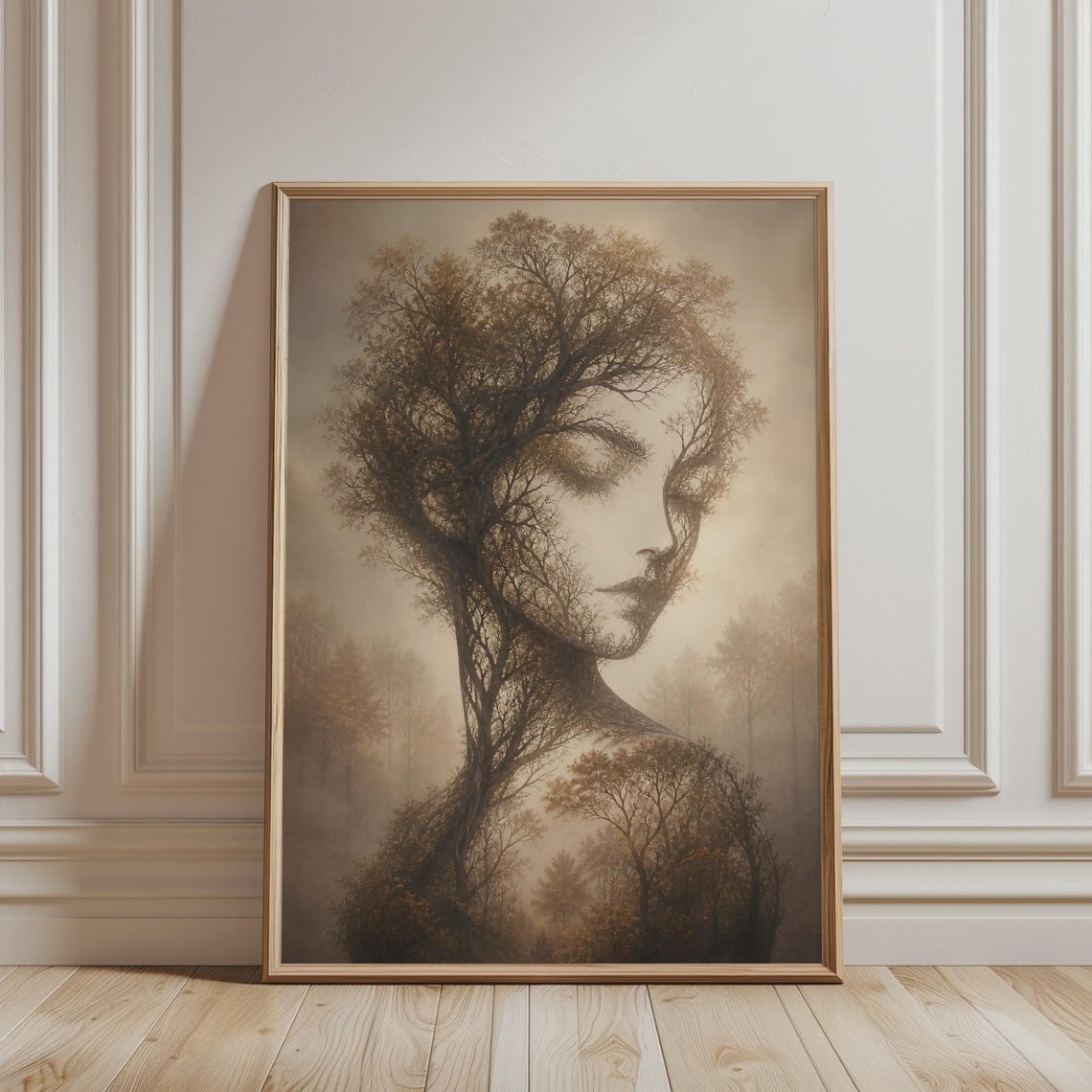 Misty Mystical Tree Woman Surreal Forest Face Dark Boho Art Poster