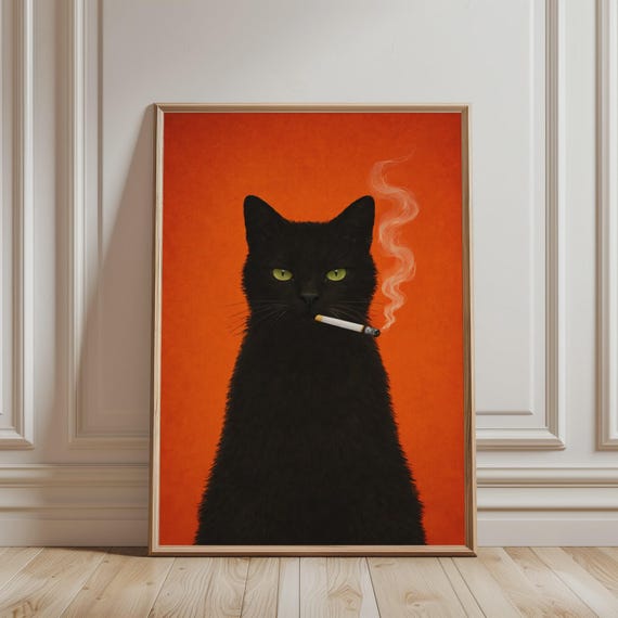 Vintage Smoking Black Cat Retro Art Print