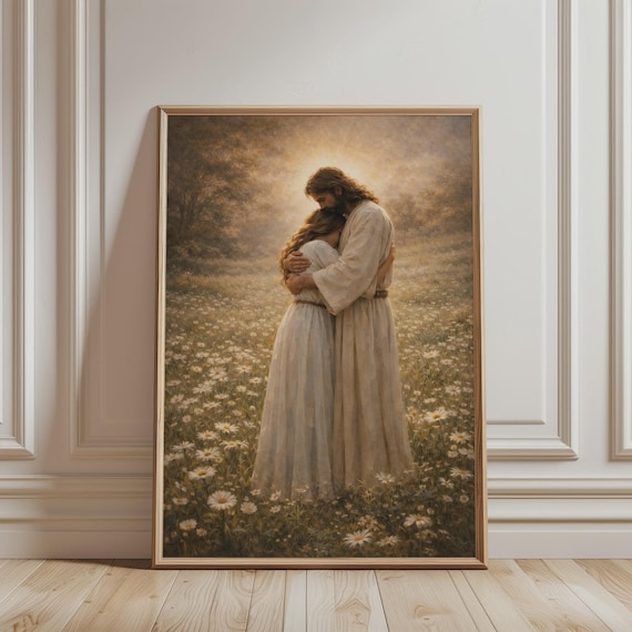 Jesus Hugging Girl Daisy Field Golden Hour Embrace Christian Faith Poster