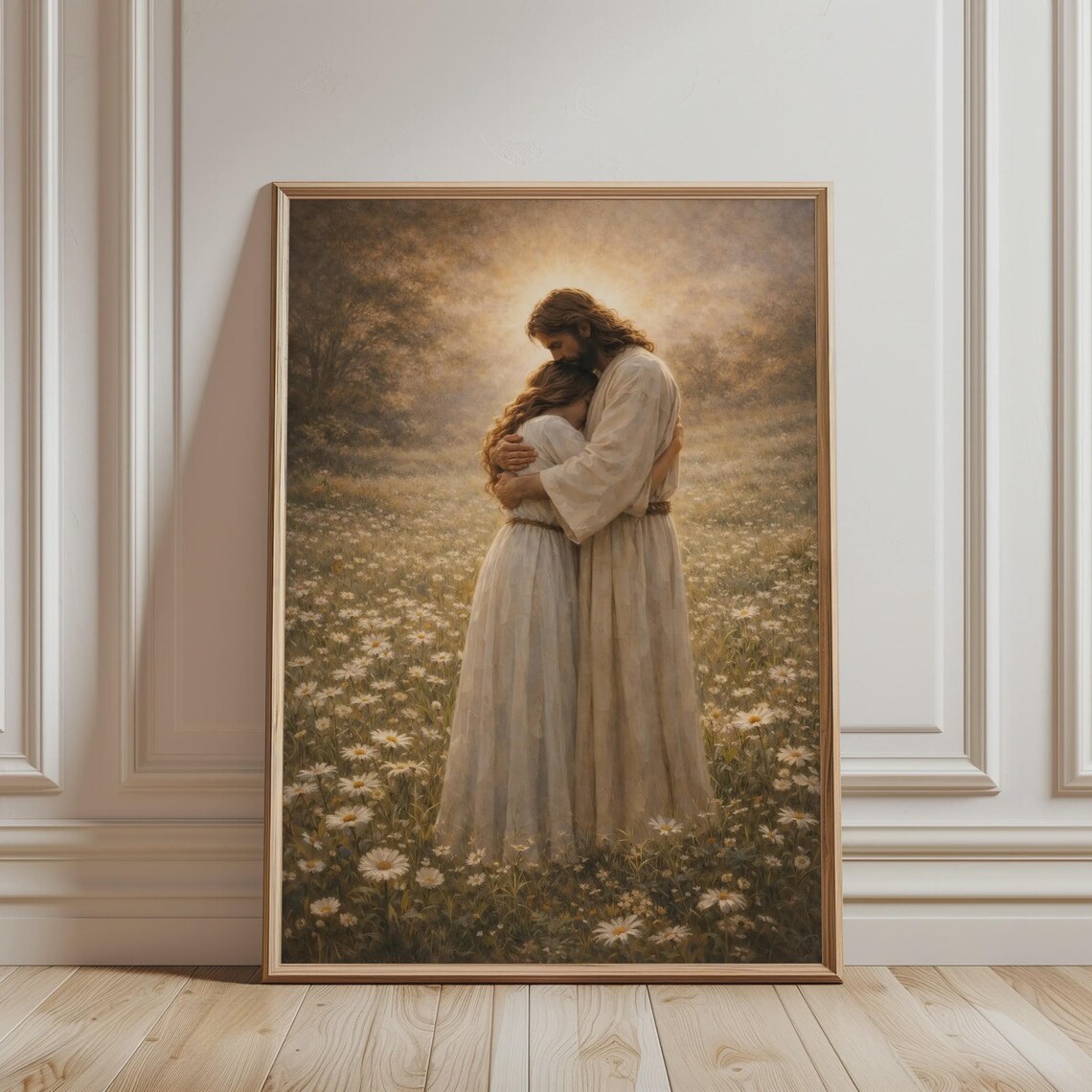Jesus Hugging Girl Daisy Field Golden Hour Embrace Christian Faith Poster