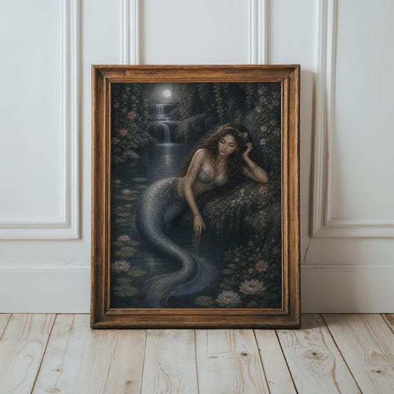 Mermaid Wall Art Siren Woman In Lake Print Romantic Serene Fantasy Water Nymph Artwork Moody Poster Dark Academia Home Decor