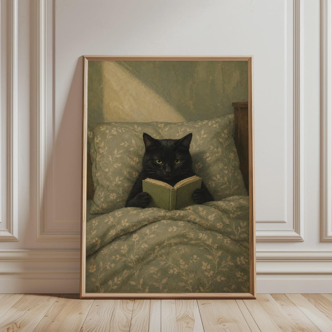 Trendy Wall Art Black Cat Reading In Bed Print Retro Artwork Book Lover Gift Cozy Funny Animal Poster For Study Room Decor