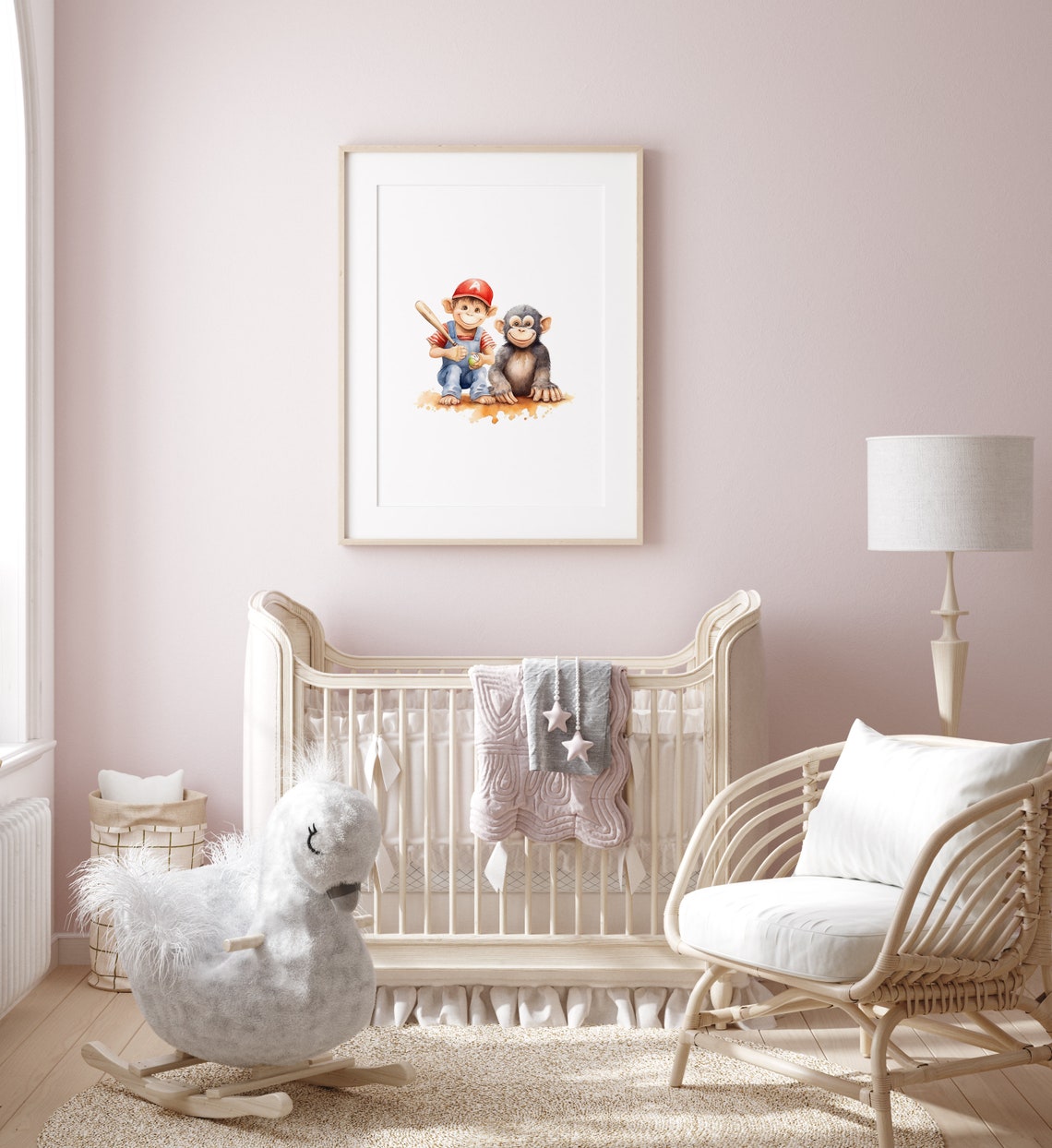 Playful Monkeys Playing Baseball Cute Sports Nursery Art Poster