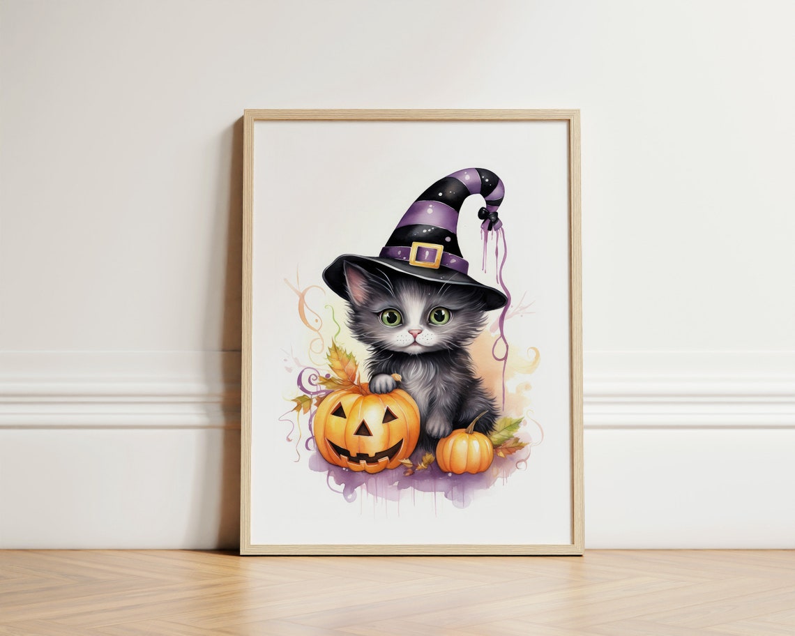 Kitten in Purple Witch Hat With Pumpkins Halloween Nursery Poster