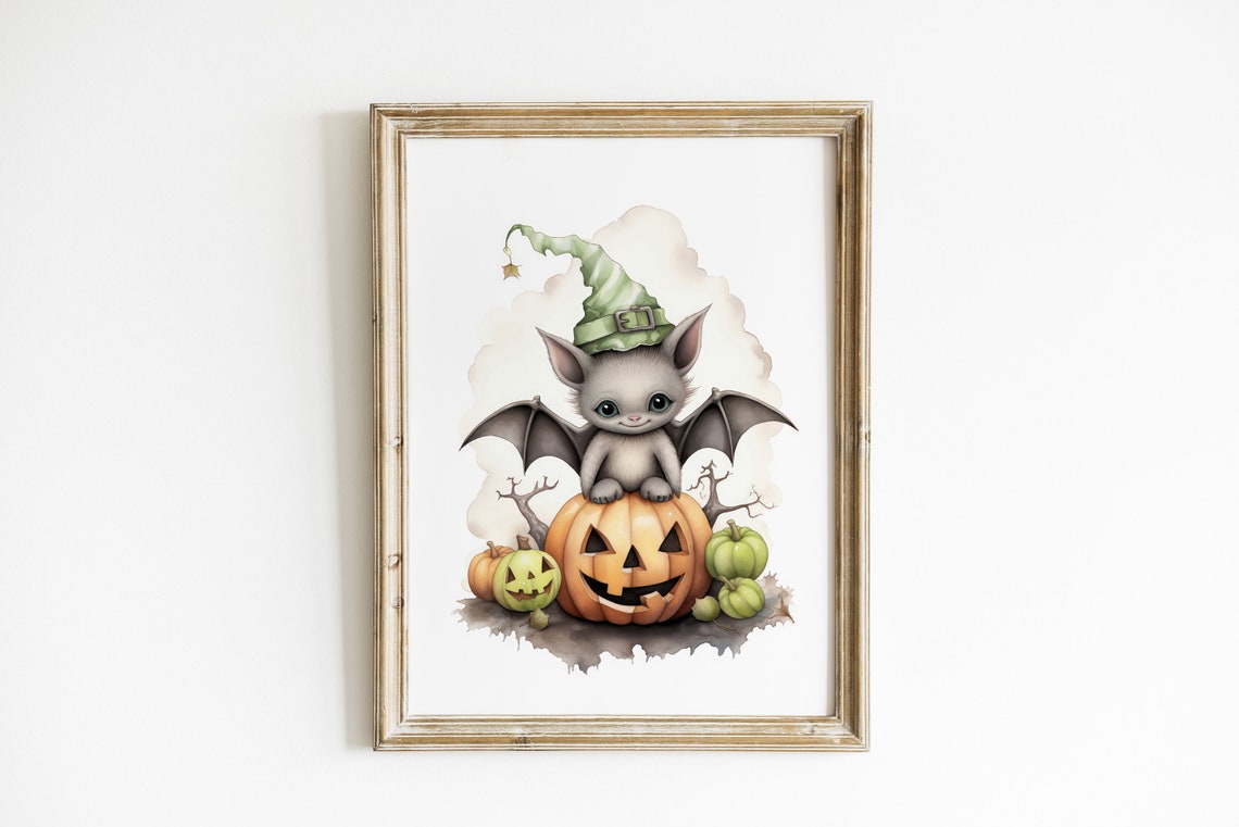 Halloween Little Cute Bat Green Hat Wall Art Kids Decor Gift For Nursery