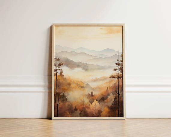 Great Smoky Mountains Misty Autumn Forest Watercolor Landscape Poster