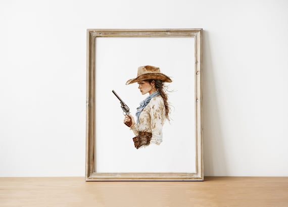 Cowgirl With Revolver Vintage Western Watercolor Rustic Poster